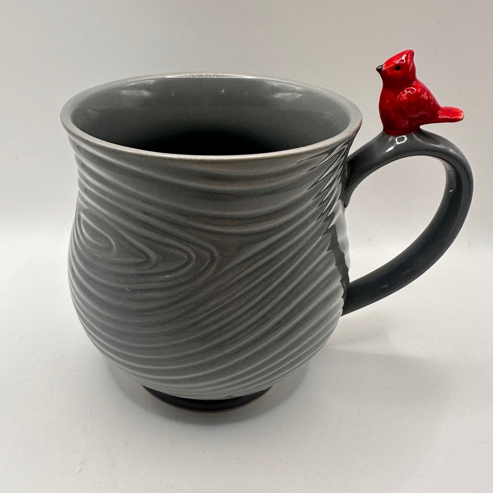 Temp-tations by Tara Gray Wood Grain Ceramic Mug with Red Cardinal Handle 14oz